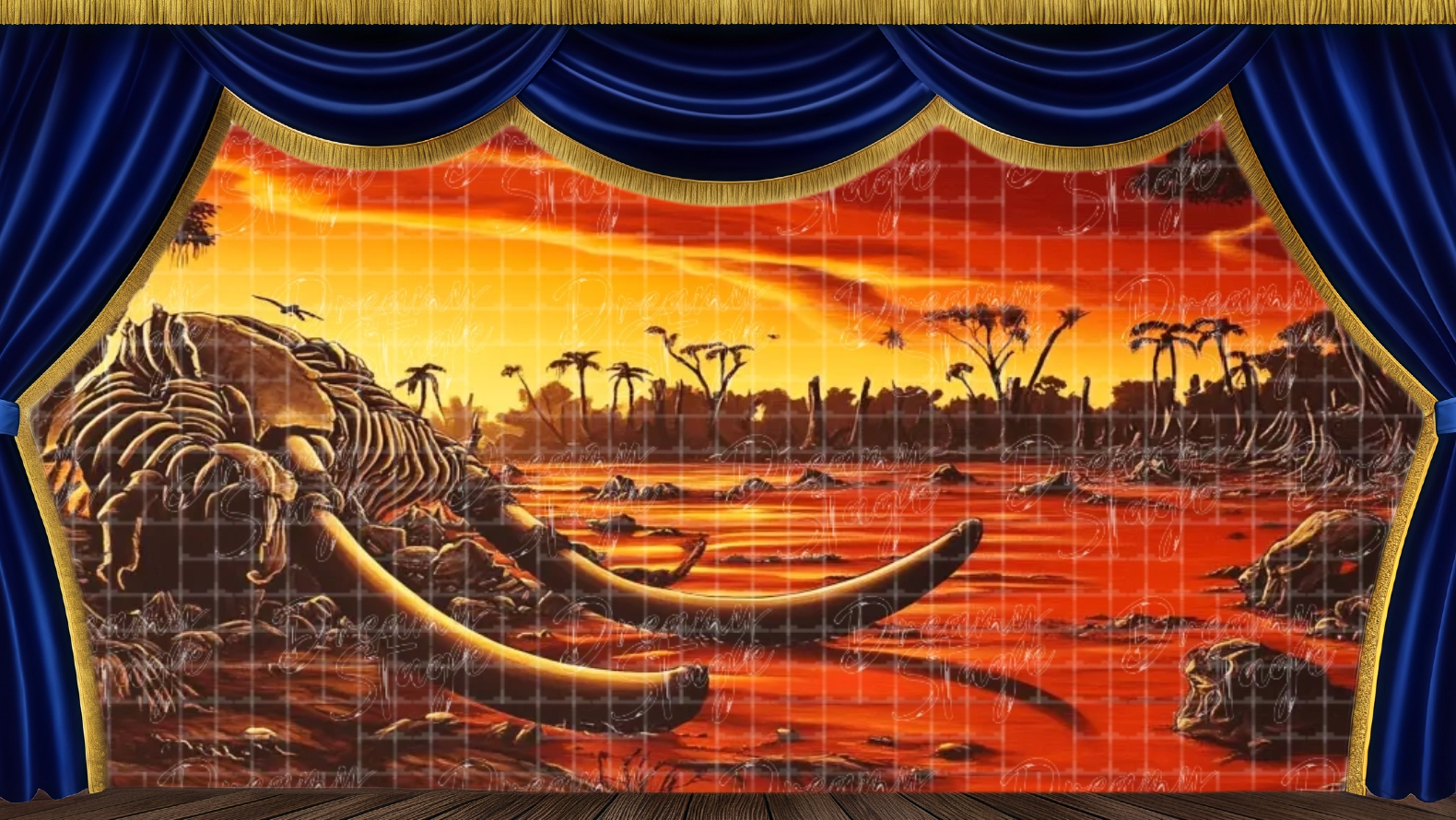 Dramatic elephant graveyard stage backdrop featuring skeletal remains, rocky desert terrain, and red sunset tones. Great for villain scenes in Lion King-style productions.