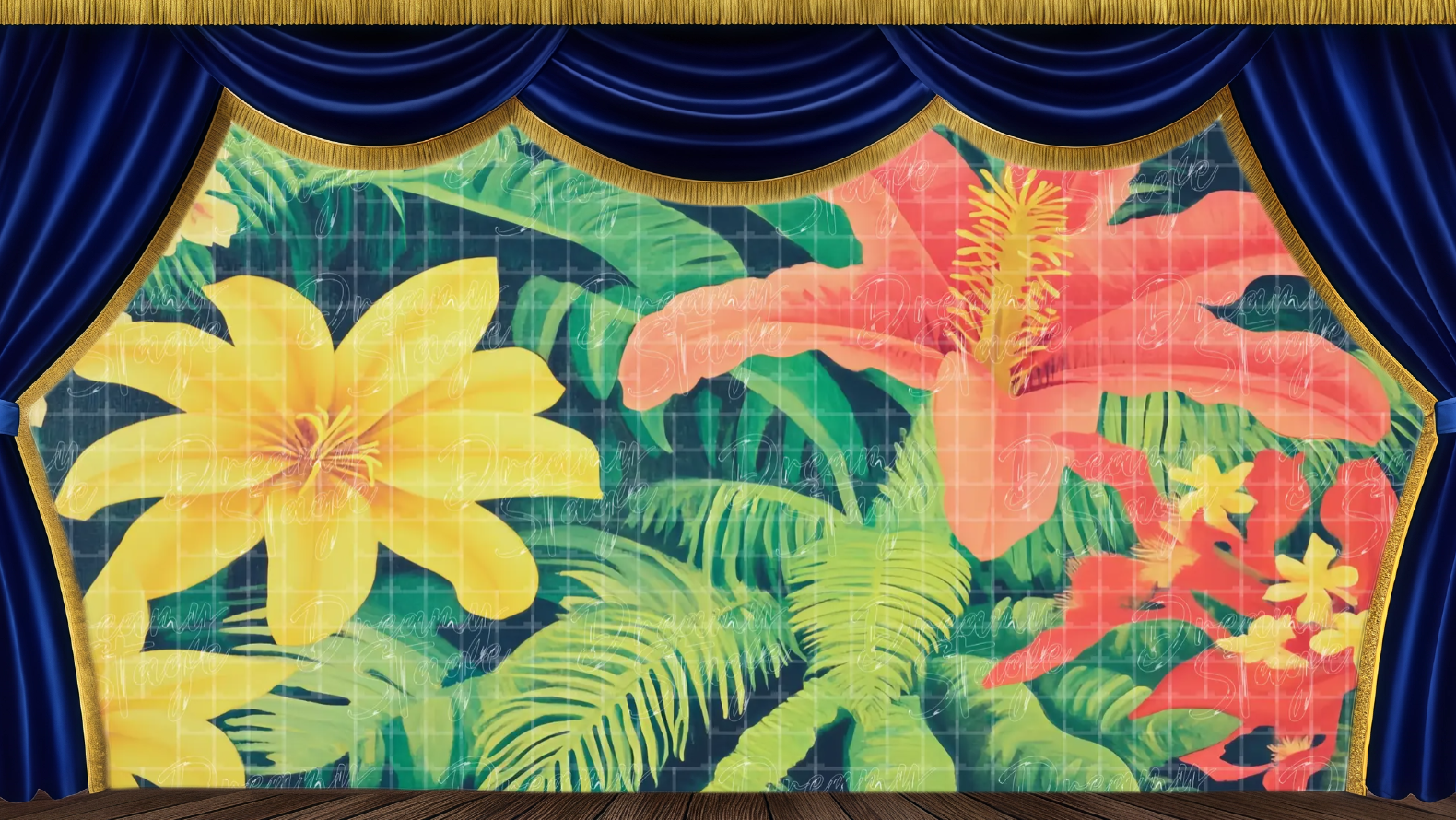 Colorful tropical flower stage backdrop with bold yellow lilies and pink blossoms. Great for upbeat musical numbers and jungle celebration scenes.