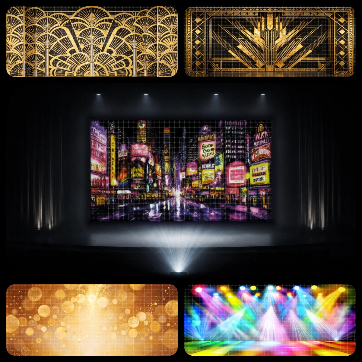 Broadway lights dance recital backdrop bundle featuring neon city theatre signs, gold Art Deco patterns, warm bokeh lights, and colorful stage spotlights, ideal for opening numbers, recital finales, Broadway jazz routines, and musical theatre performances.