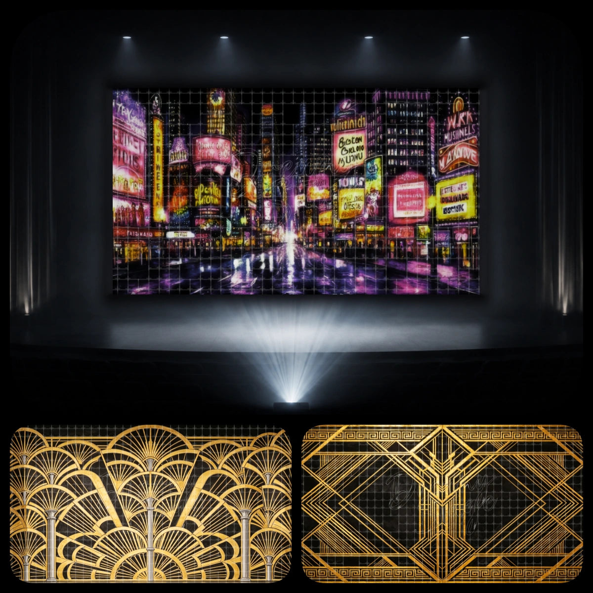 Broadway dance recital backdrop bundle featuring neon city theatre lights, Times Square-style street scenery, and gold Art Deco stage patterns, ideal for jazz dance, tap routines, musical theatre numbers, and show choir performances.
