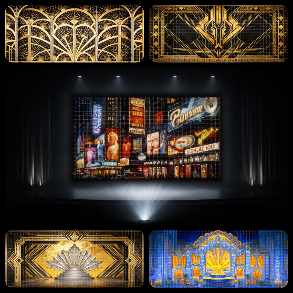 Broadway showpiece dance recital backdrop bundle featuring neon theatre street scenery, gold Art Deco stage designs, blue-gold theatre architecture, and colorful spotlights, perfect for jazz, tap, musical theatre, and show choir stage productions.