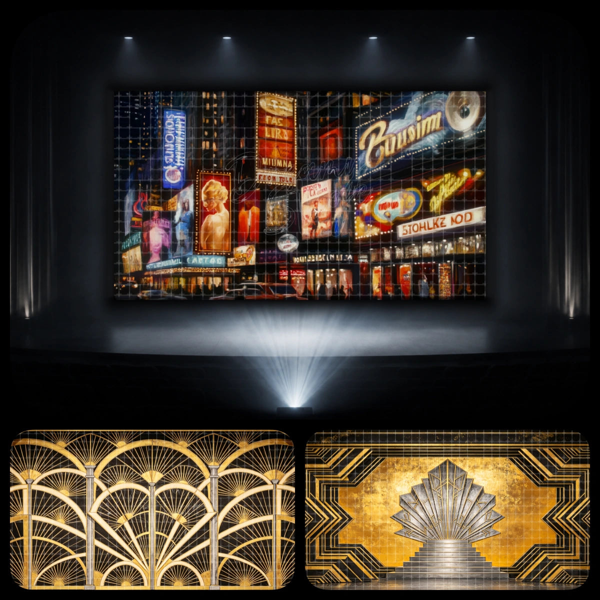 Broadway theatre street dance recital backdrop bundle featuring glowing marquee signs, neon city nightlife, gold fan panels, and an Art Deco stage design, perfect for Broadway-themed recitals, musical theatre choreography, and jazz performances.