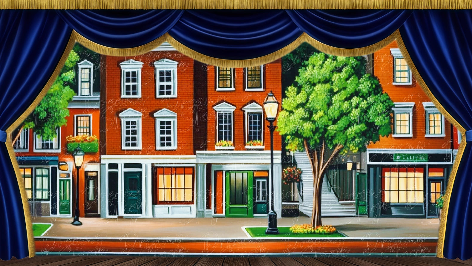 1950s American small town street backdrop for Bye Bye Birdie stage production. Digital stage backdrop for HD projection, virtual scenery, and theatrical use.