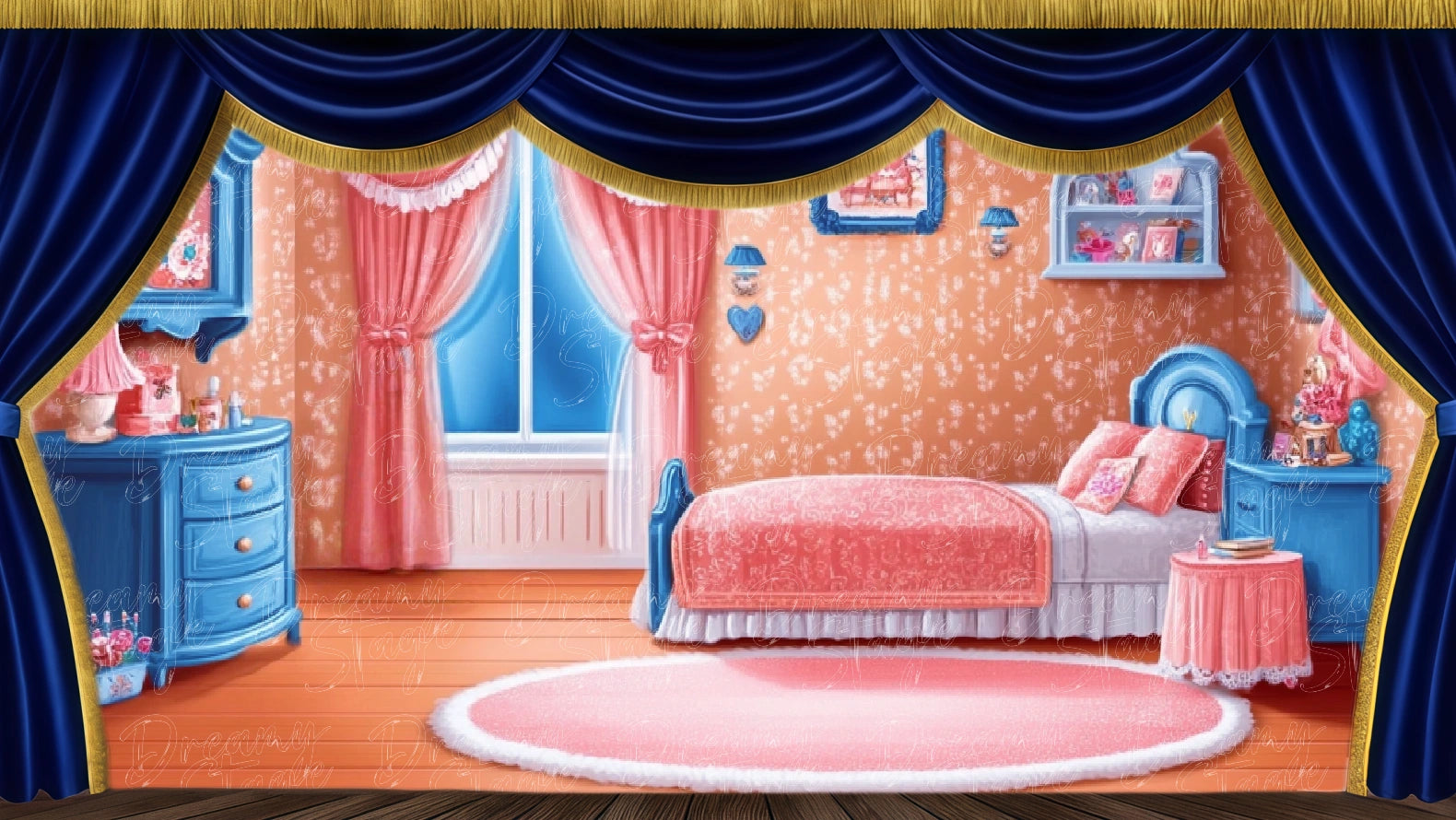 1950s teenage girl bedroom stage backdrop for Bye Bye Birdie musical. Digital stage backdrop for HD projection, virtual scenery, and theatrical use.