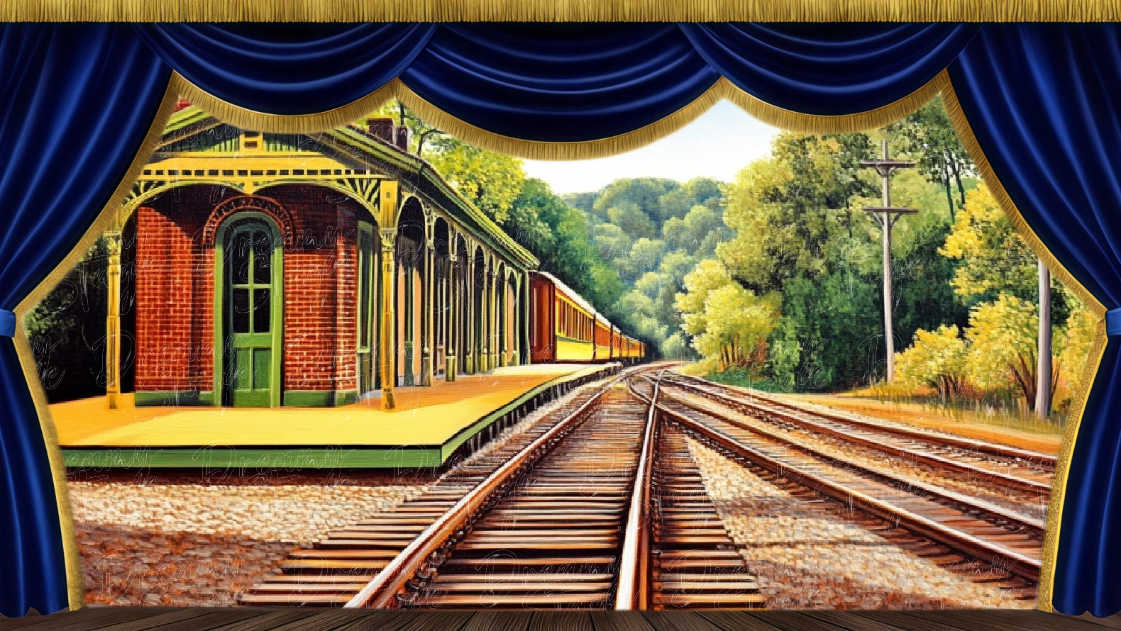 1950s American train station platform backdrop for farewell musical scene. Digital stage backdrop for HD projection, virtual scenery, and theatrical use.