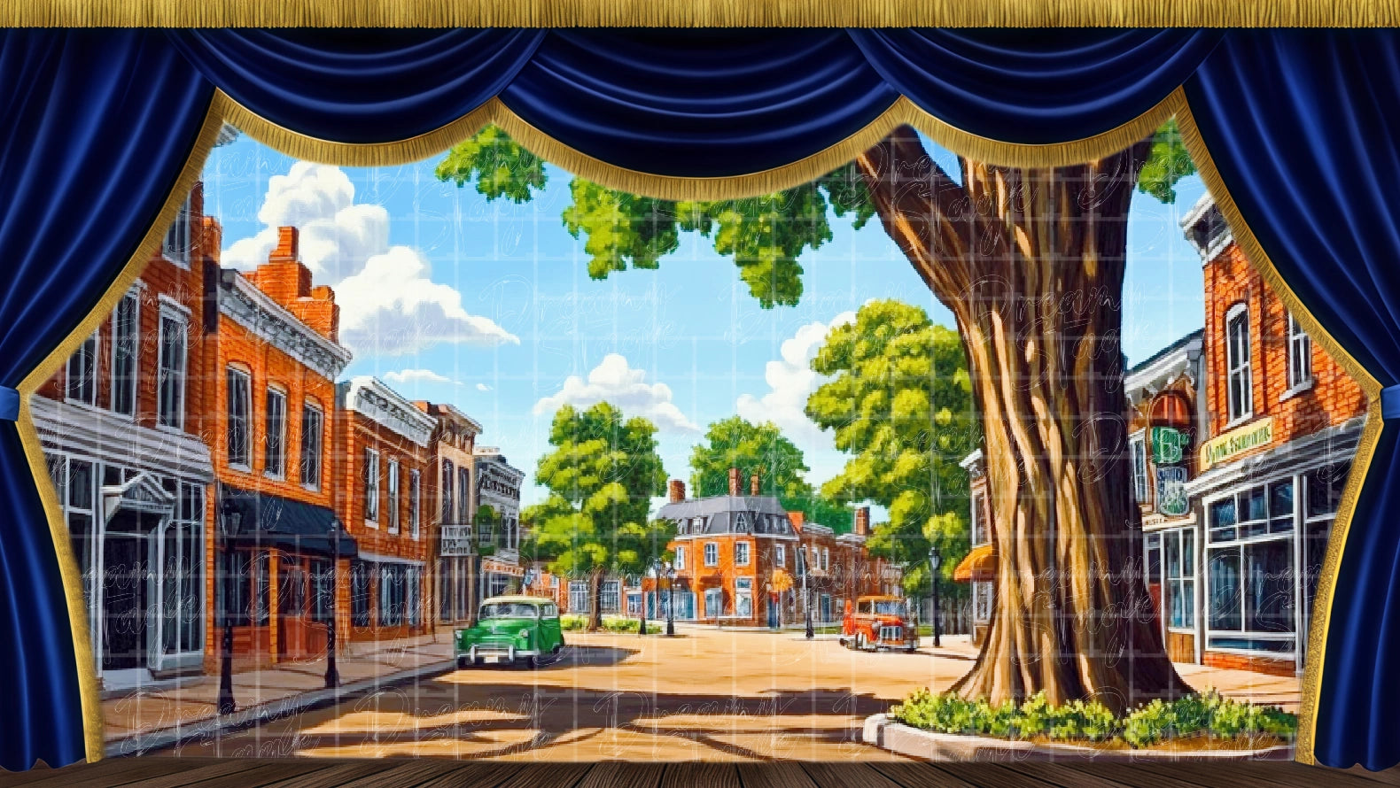 Tree-lined 1950s downtown street stage backdrop for musical theatre. Digital stage backdrop for HD projection, virtual scenery, and theatrical use.