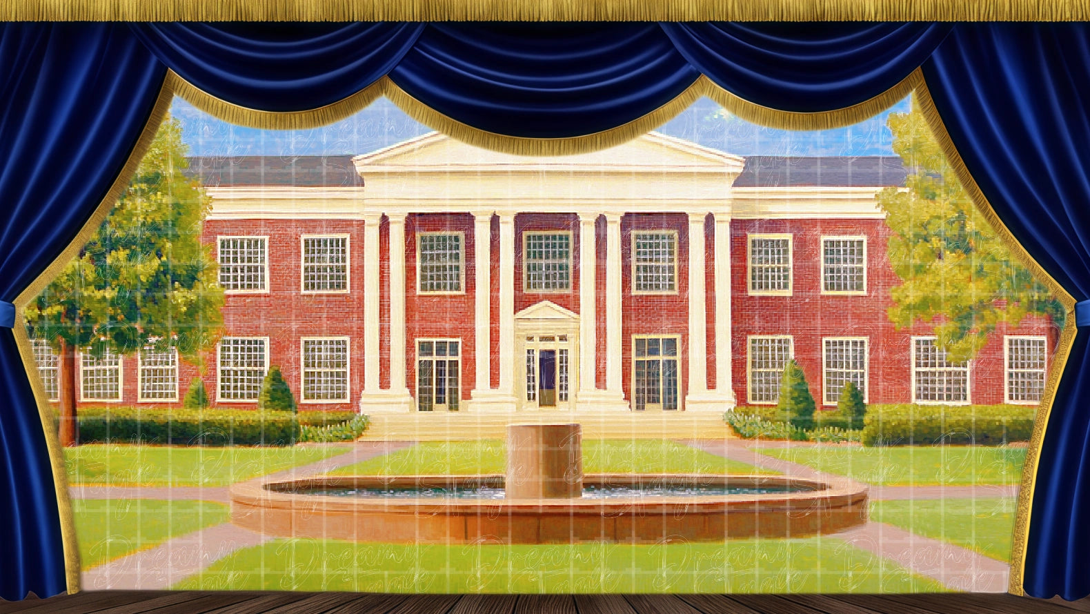High school building exterior with courtyard and fountain, perfect for school musical scenes. Digital stage backdrop for HD projection, virtual scenery, and theatrical use.