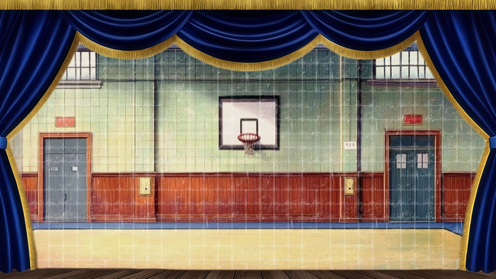 High school gym interior with basketball hoop and court lines, ideal for school musical scenes. Digital stage backdrop for HD projection, virtual scenery, and theatrical use.