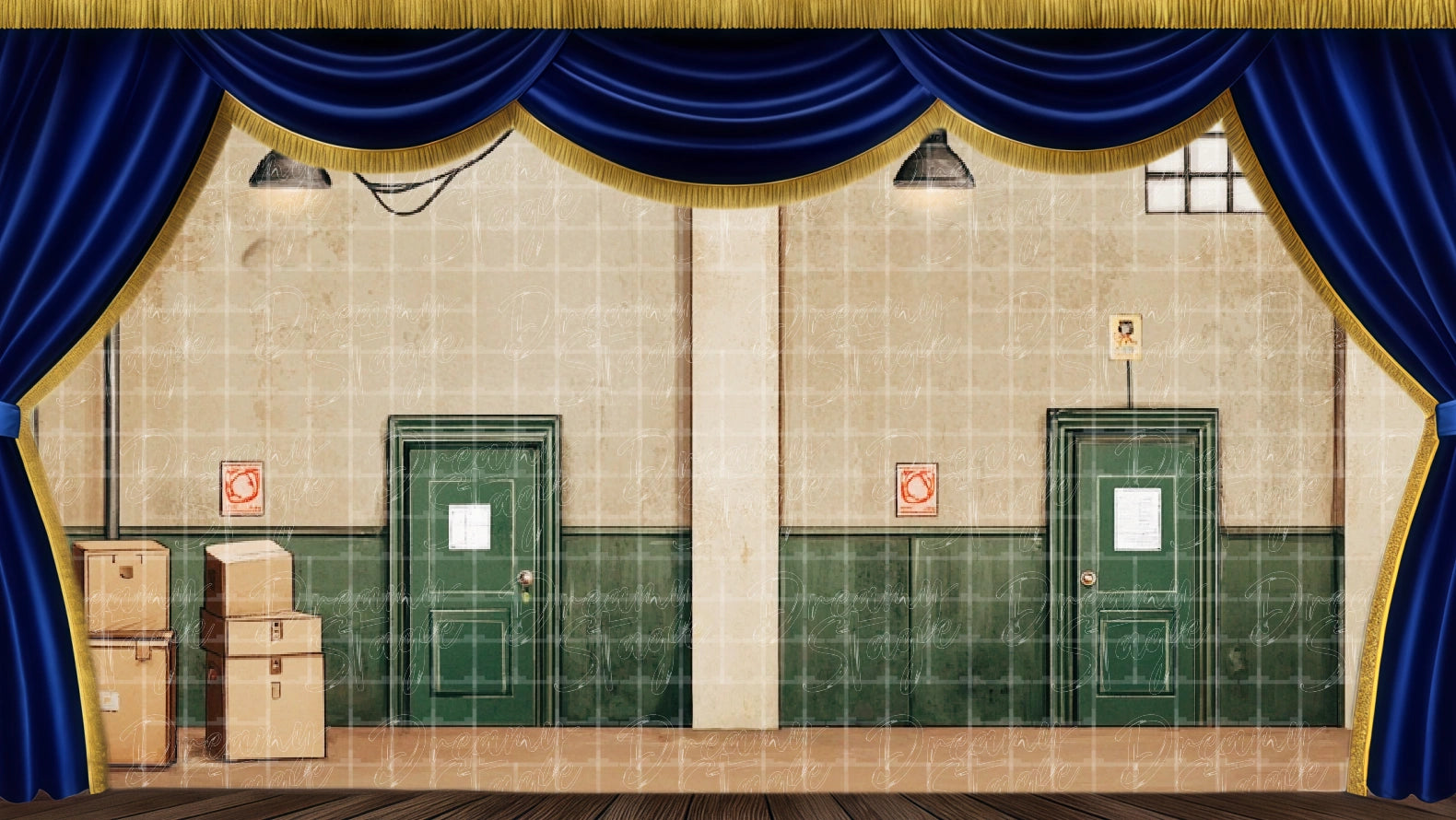 Industrial hallway with service doors and hanging lights, suited for backstage or utility area stage scenes. Digital stage backdrop for HD projection, virtual scenery, and theatrical use.