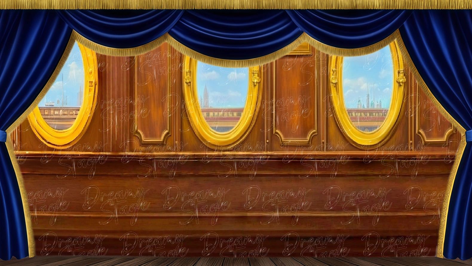 Vintage ship cabin wall with round porthole windows, ideal for a 1950s travel scene stage backdrop. Digital stage backdrop for HD projection, virtual scenery, and theatrical use.