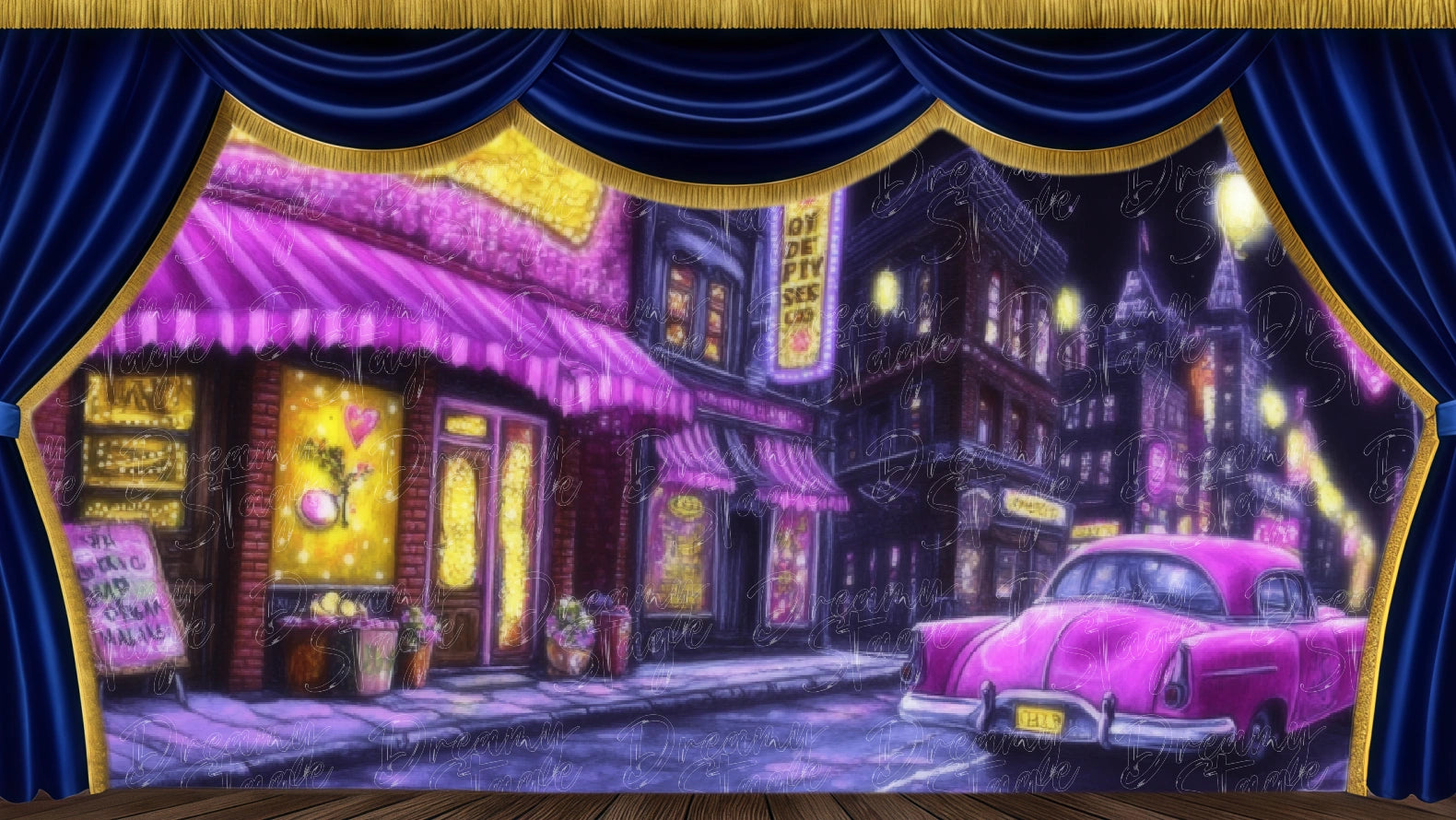 Neon-lit street at night with retro signage, suitable for 1950s musical theatre city scenes. Digital stage backdrop for HD projection, virtual scenery, and theatrical use.