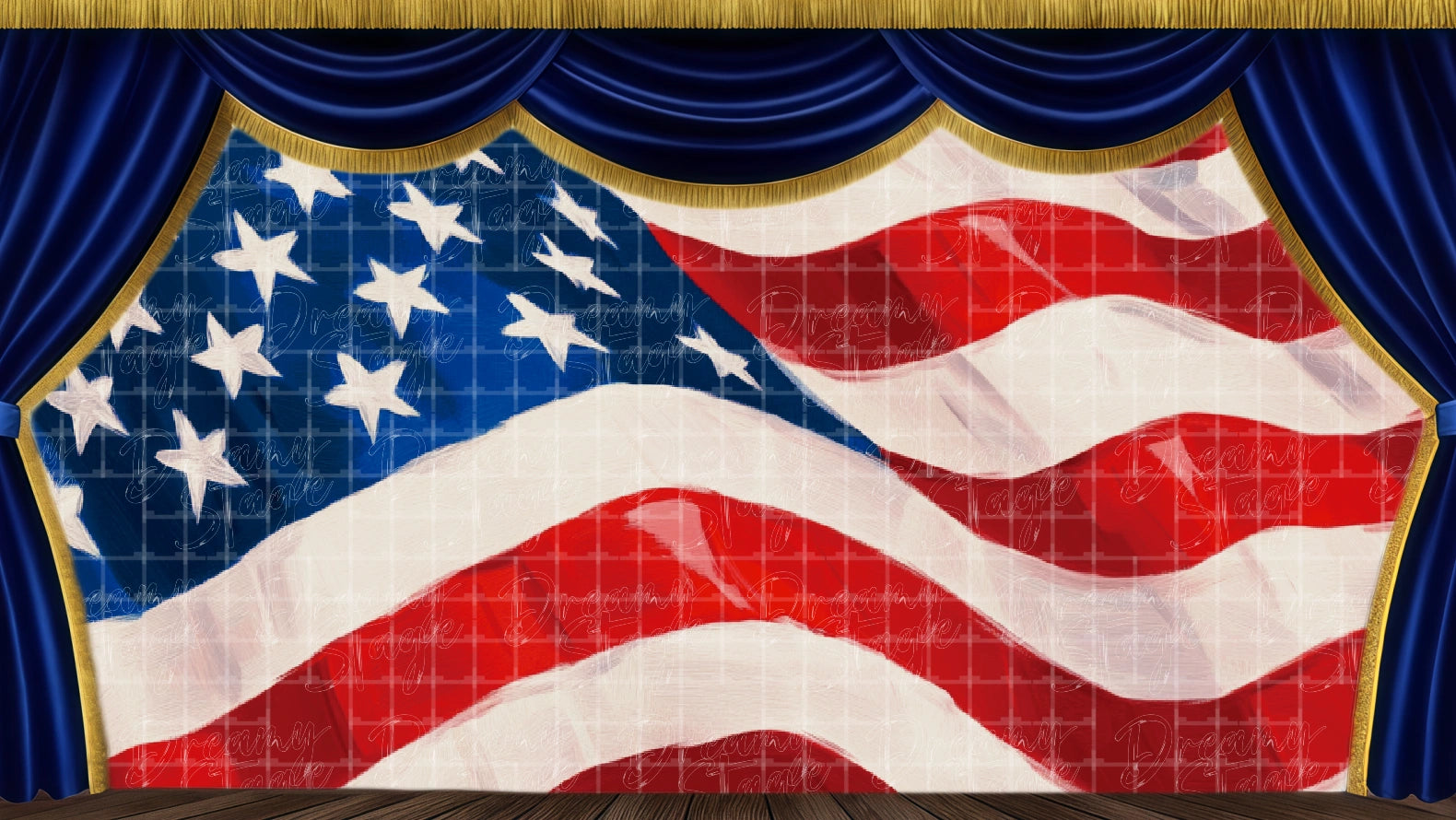 Large American flag backdrop for patriotic musical theatre scene. Digital stage backdrop for HD projection, virtual scenery, and theatrical use.