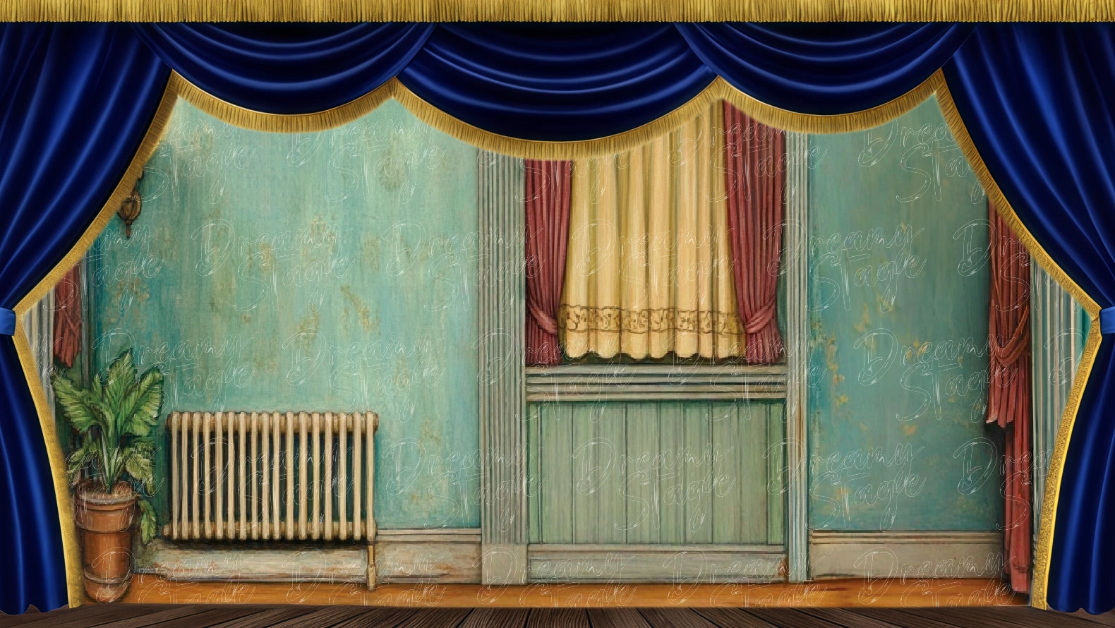 Retro living room interior wall with curtains and radiator, designed for 1950s home stage scenes. Digital stage backdrop for HD projection, virtual scenery, and theatrical use.