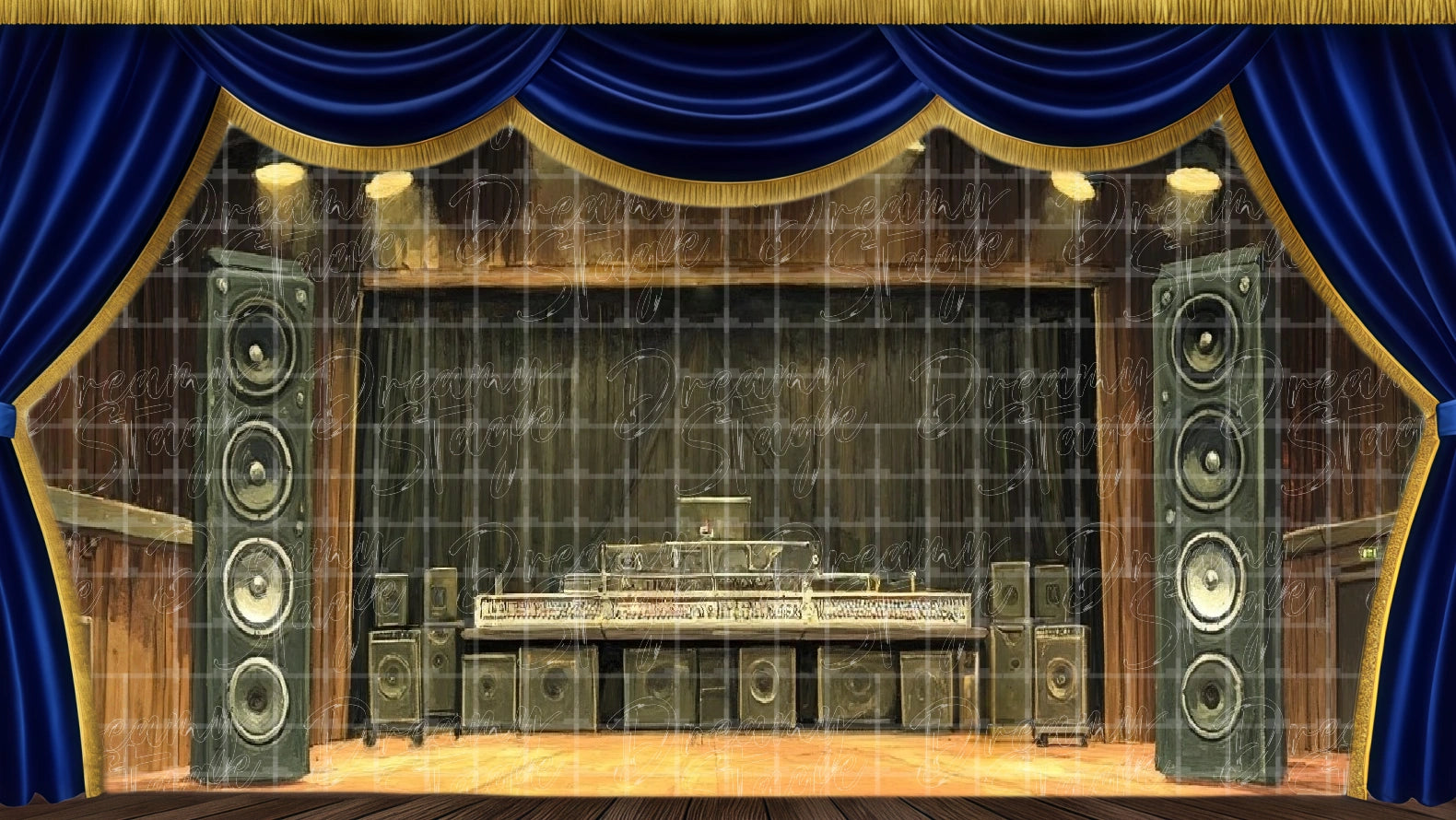 Concert stage with speakers and lighting, designed for rock-and-roll musical performance scenes. Digital stage backdrop for HD projection, virtual scenery, and theatrical use.