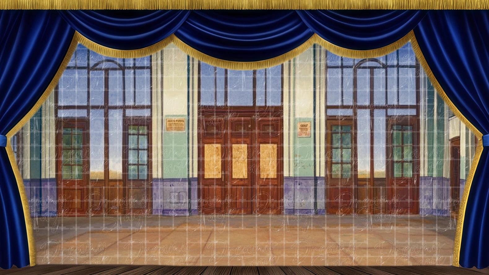 School entrance interior with doors and windows, suited for hallway and lobby scenes. Digital stage backdrop for HD projection, virtual scenery, and theatrical use.
