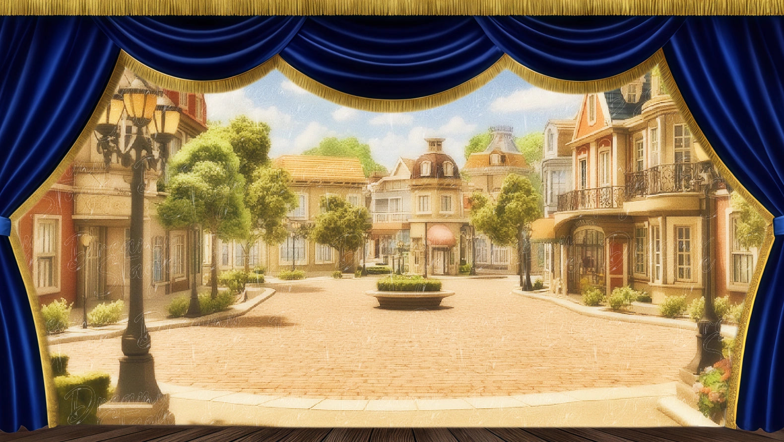 Sunny small town neighborhood square backdrop for 1950s American musical theatre scenes. Digital stage backdrop for HD projection, virtual scenery, and theatrical use.