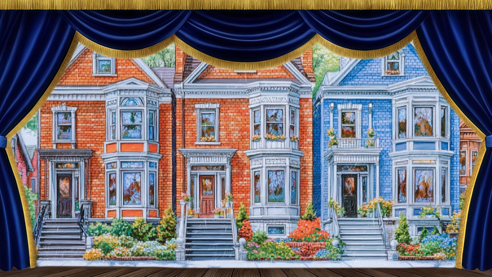 Colorful suburban homes on a street, ideal for 1950s Americana musical theatre scenes. Digital stage backdrop for HD projection, virtual scenery, and theatrical use.