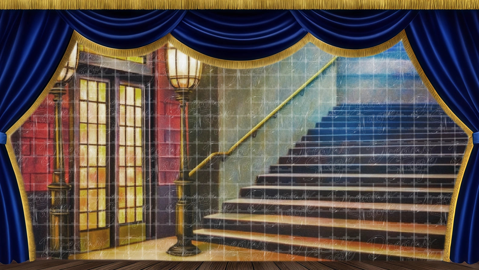 Theatre entrance at night with stairs and glowing lights, ideal for premiere or nightlife scenes. Digital stage backdrop for HD projection, virtual scenery, and theatrical use.