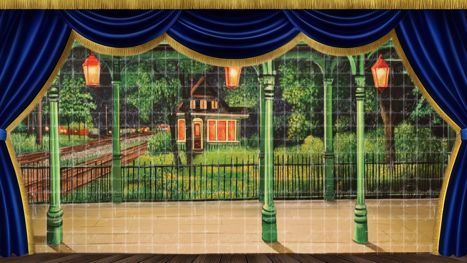 Covered train station platform backdrop for 1950s musical theatre production. Digital stage backdrop for HD projection, virtual scenery, and theatrical use.