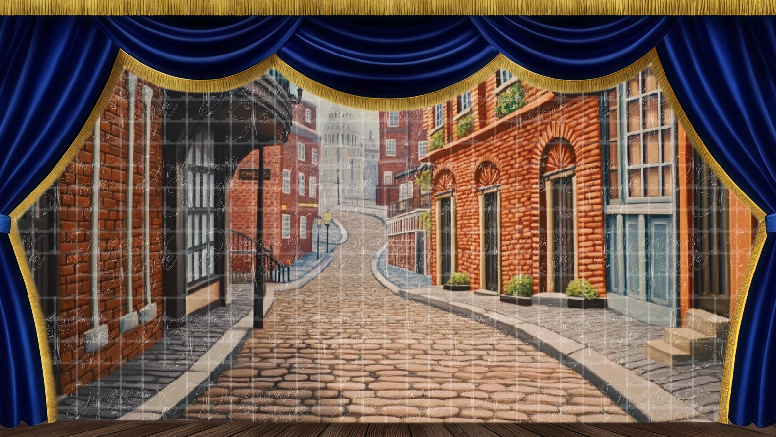 Vintage downtown street with cobblestones and storefronts, ideal for city scene staging. Digital stage backdrop for HD projection, virtual scenery, and theatrical use.