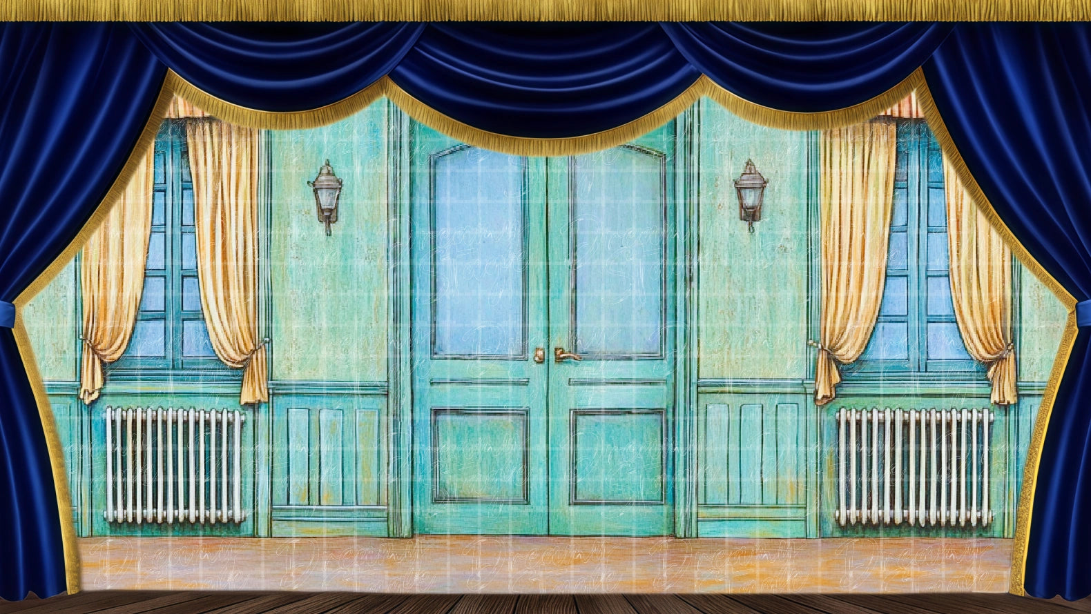 Vintage house exterior with door and curtains, suitable for 1950s home scene staging. Digital stage backdrop for HD projection, virtual scenery, and theatrical use.