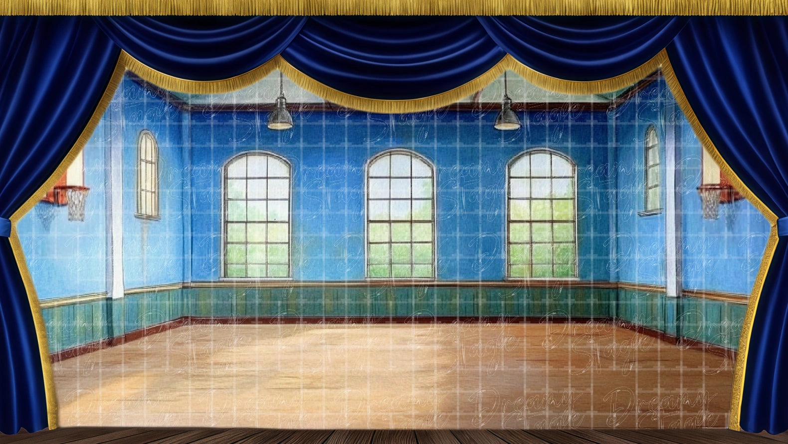 Wide school gym interior with high ceiling and court, designed for big ensemble musical scenes. Digital stage backdrop for HD projection, virtual scenery, and theatrical use.