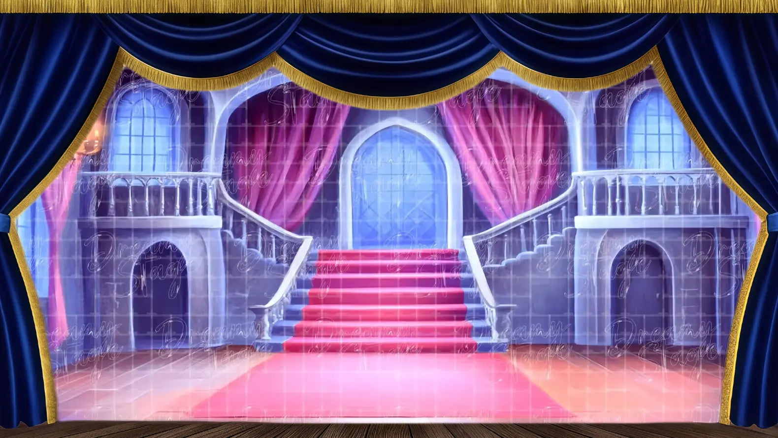 Fairytale castle interior with grand staircases, red carpet, glowing chandeliers, and violet curtains – ideal for ballroom or royal encounter scenes in The Snow Queen or other fantasy plays