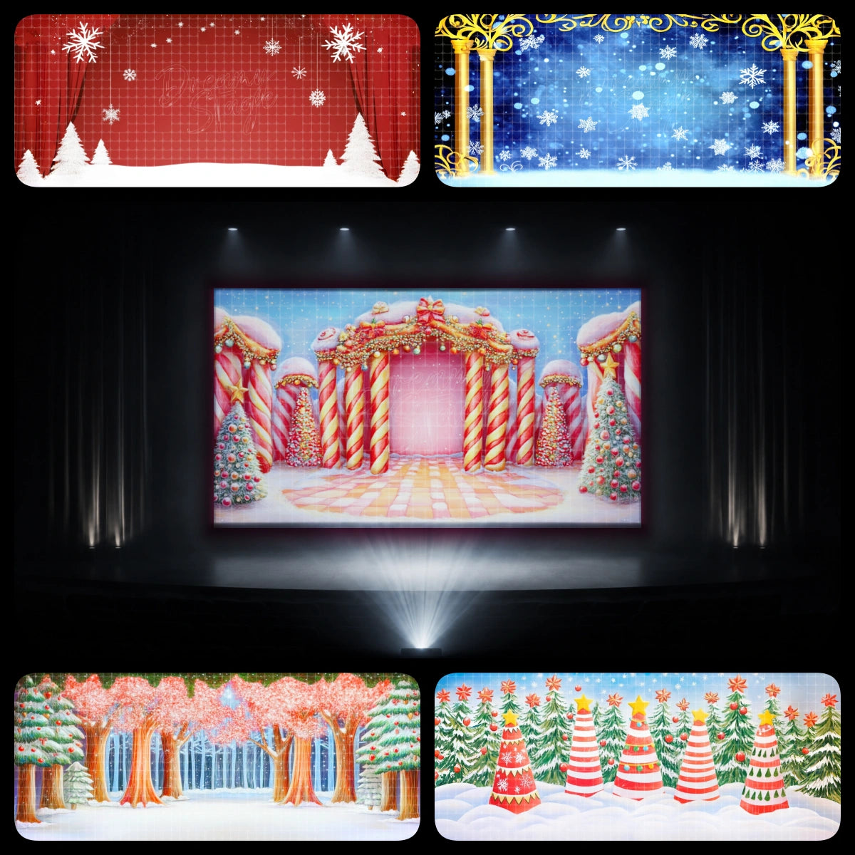 Candy cane winter wonderland dance recital backdrop bundle with snowflake frames, Christmas tree scenes, candy cane stages, and snowy forest backgrounds for holiday recitals.