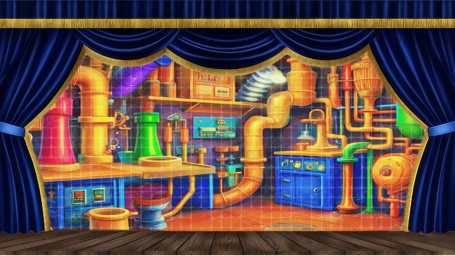 Colorful chocolate factory machine room stage backdrop featuring pipes and industrial candy equipment. Ideal theatrical scenery for Chocolate Factory musical productions.