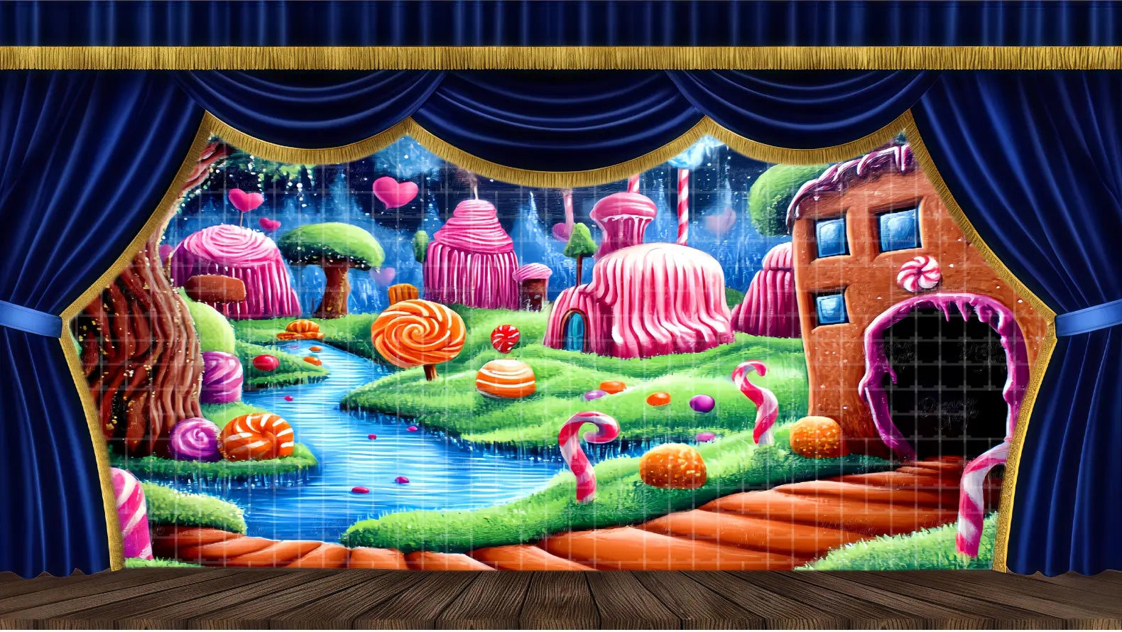 Fantasy chocolate river stage backdrop with candy landscape and whimsical trees. Ideal theatrical scenery for musical productions and imaginative stage performances.