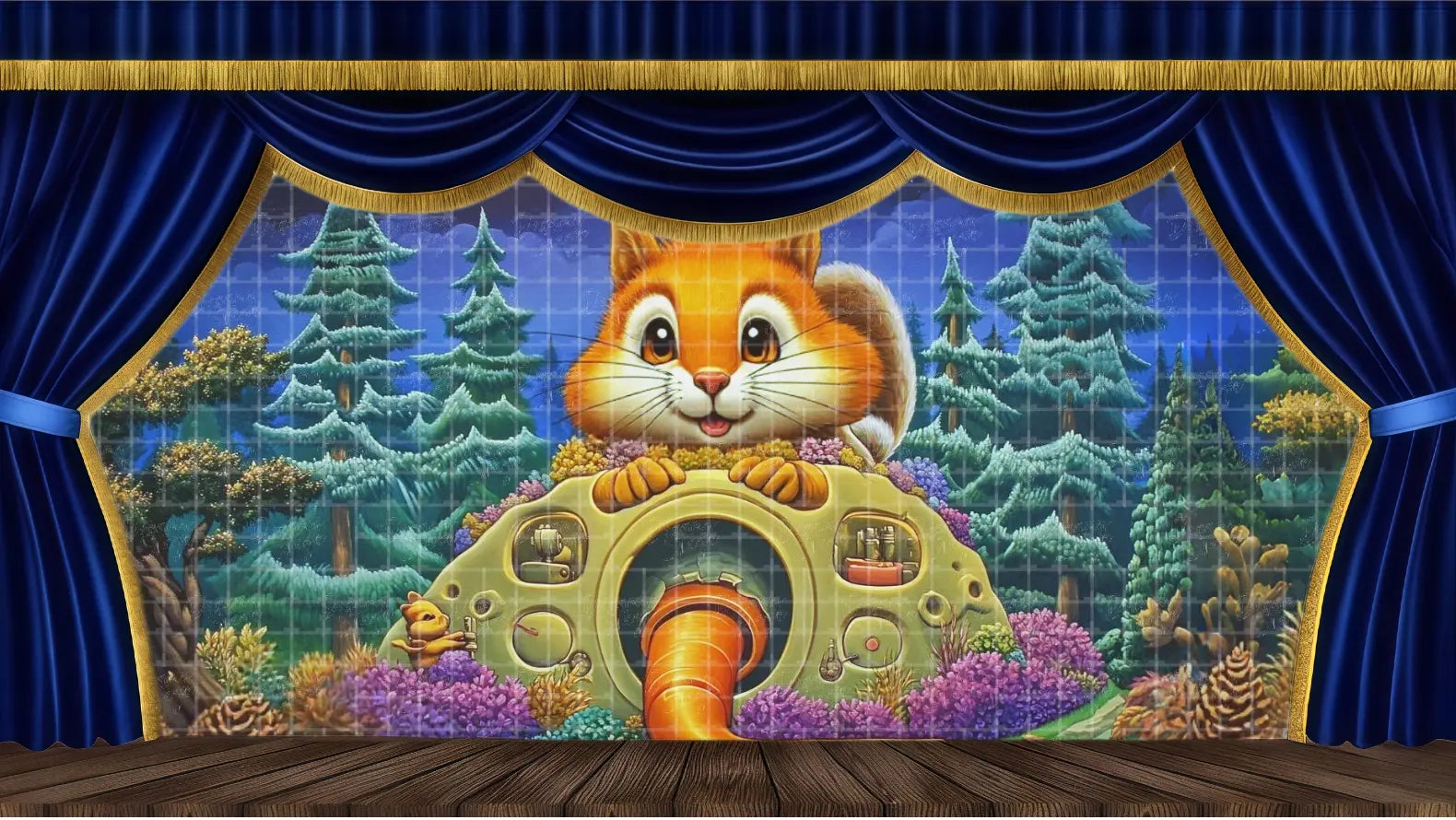 Fantasy candy forest stage backdrop featuring a whimsical chocolate creature and vibrant scenery. Perfect for youth musical theatre and imaginative stage productions.