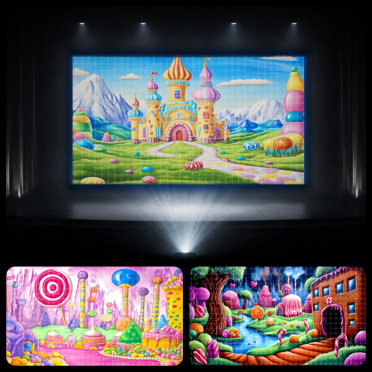 Candyland dance recital backdrop bundle featuring a pastel candy castle, lollipop forest, and sweet shop scenery for children’s dance performances and school stage projection.