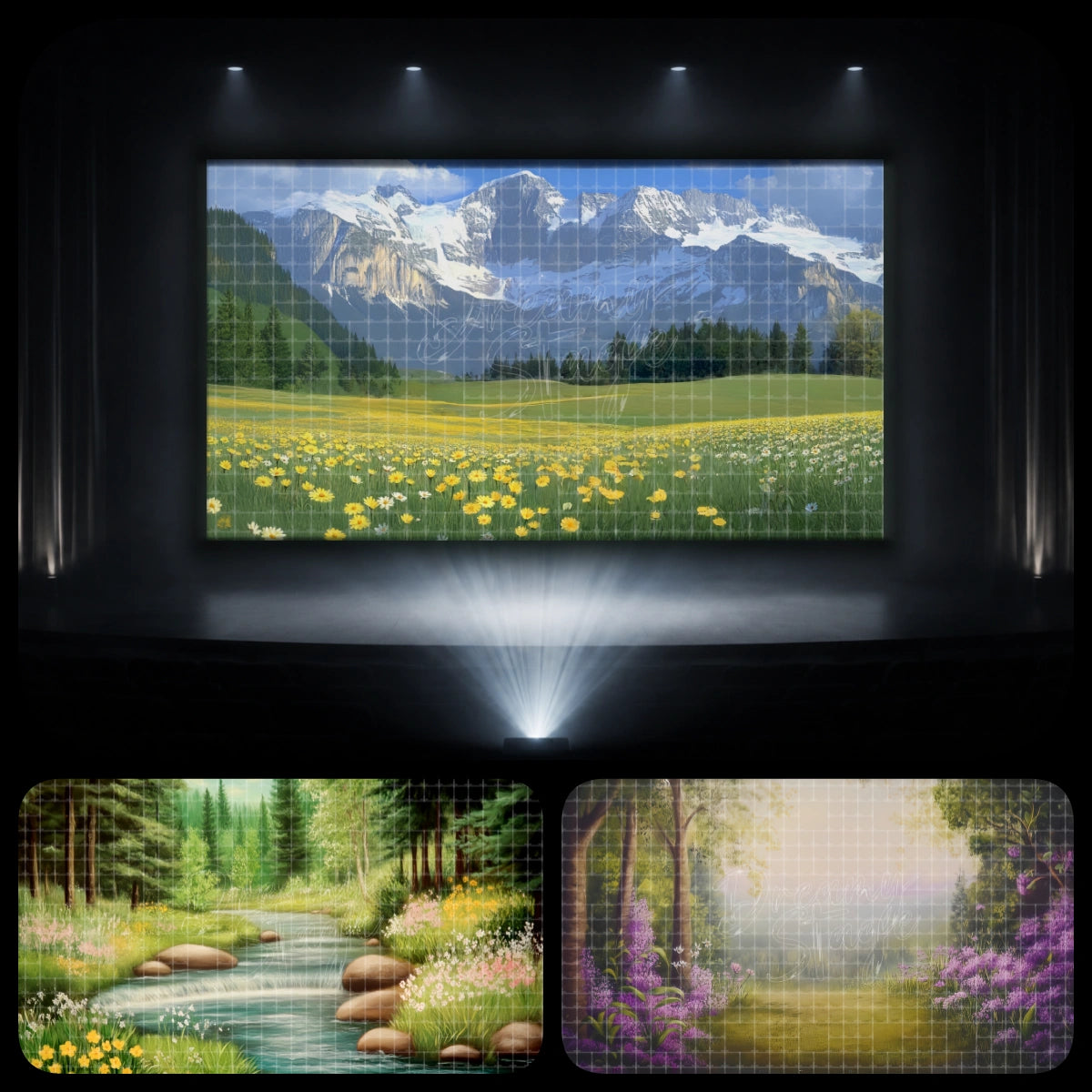 Castle meadow garden dance recital bundle featuring a mountain flower field, forest stream, misty woodland, fairytale garden, and outdoor spring scenery for ballet, lyrical recital, and magical dance performances.