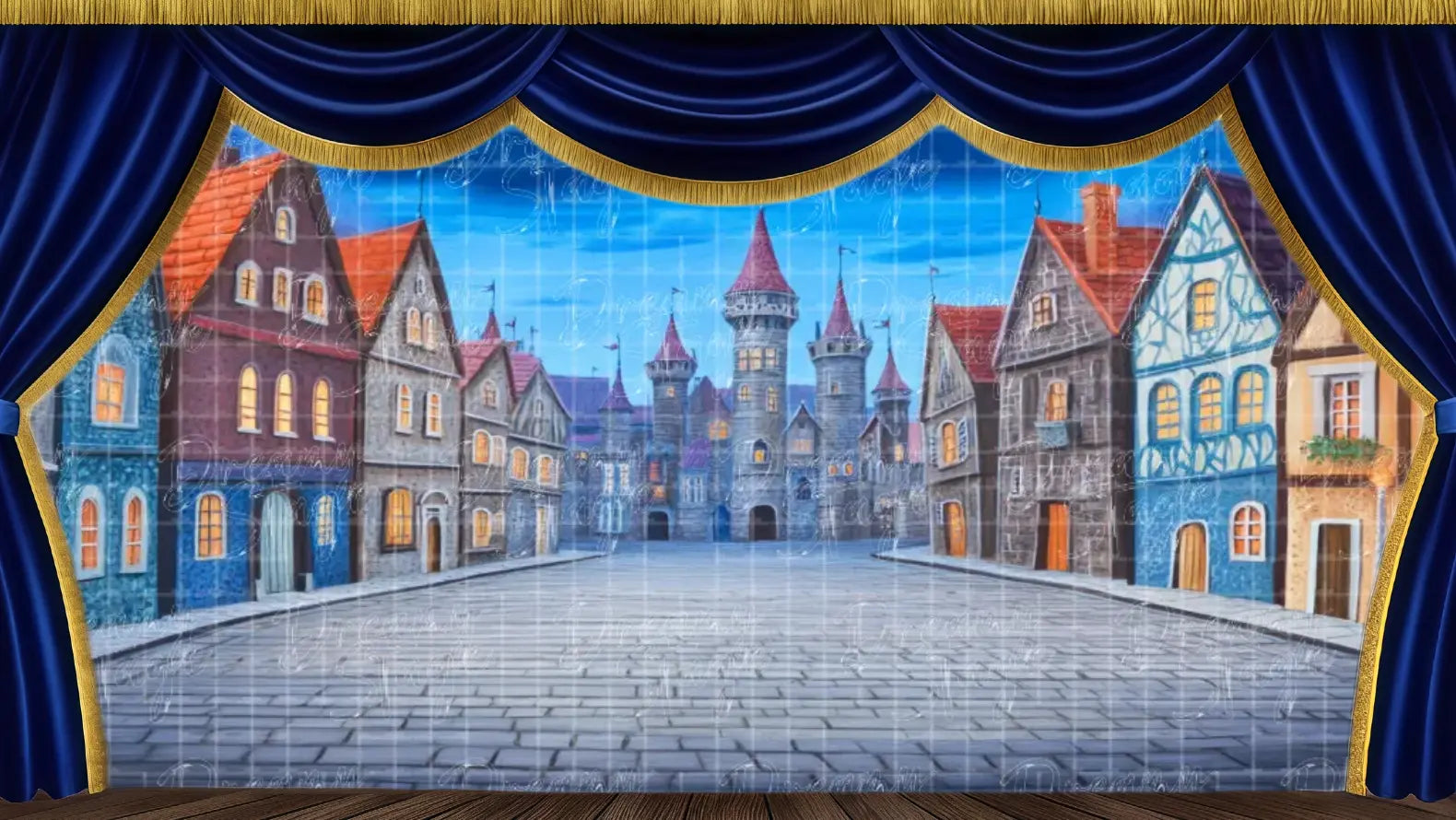 Illustrated twilight castle town with glowing windows, cobblestone streets, and a moonlit sky – perfect for night scenes in The Snow Queen ballet or children’s fairytale plays