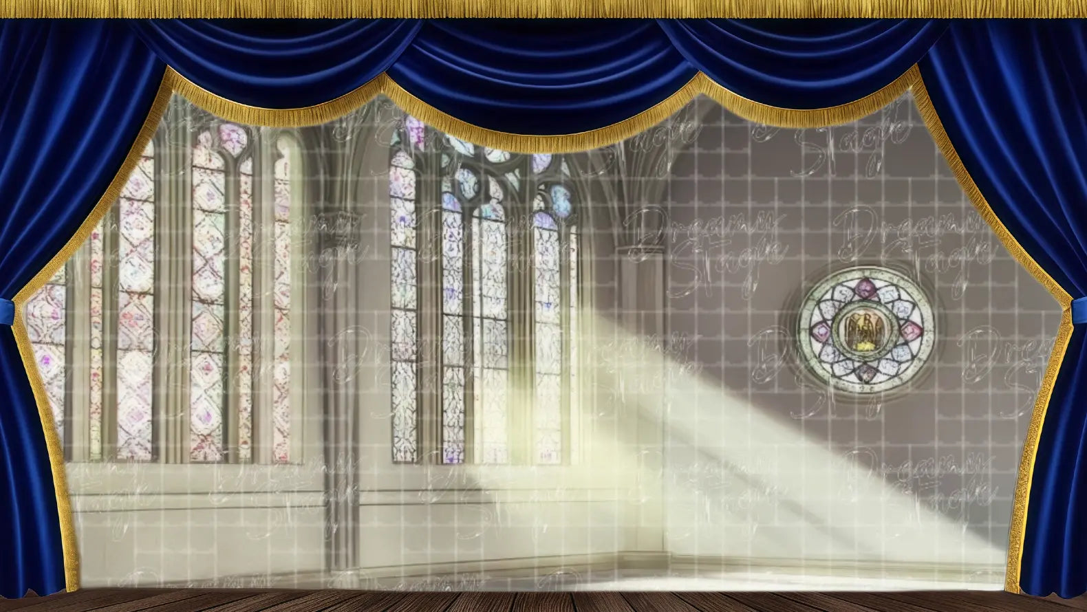 Cathedral interior stage backdrop with soft light and gothic architecture, ideal for theatrical backdrops, choir concerts, and musical theatre productions.