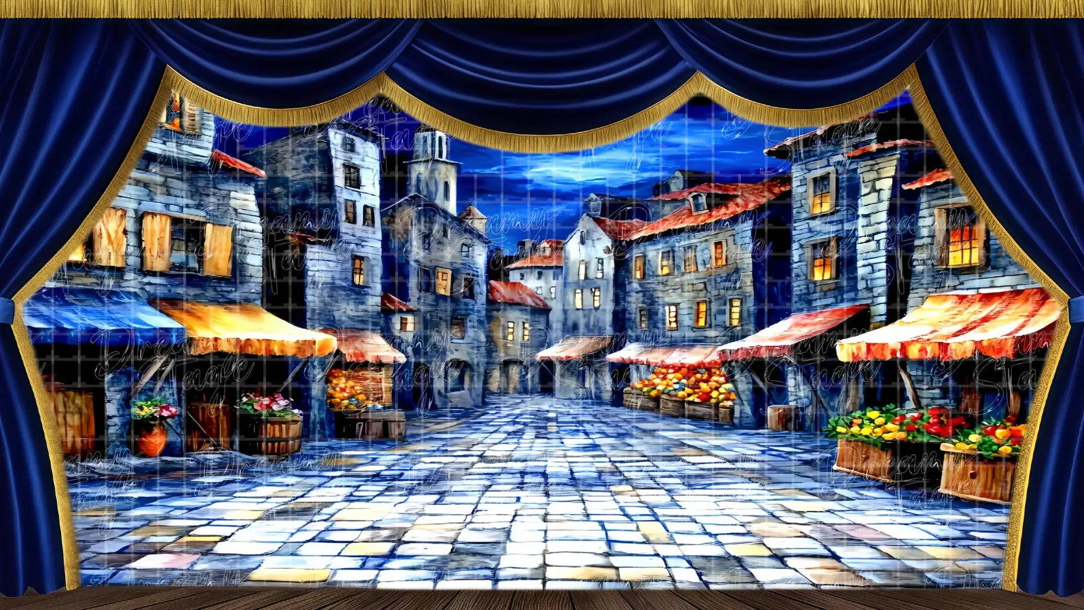 A picturesque medieval European town square at twilight, with cobblestone streets, timber-framed houses, and a deep blue sky. Perfect for fairytales or musical stage scenes.