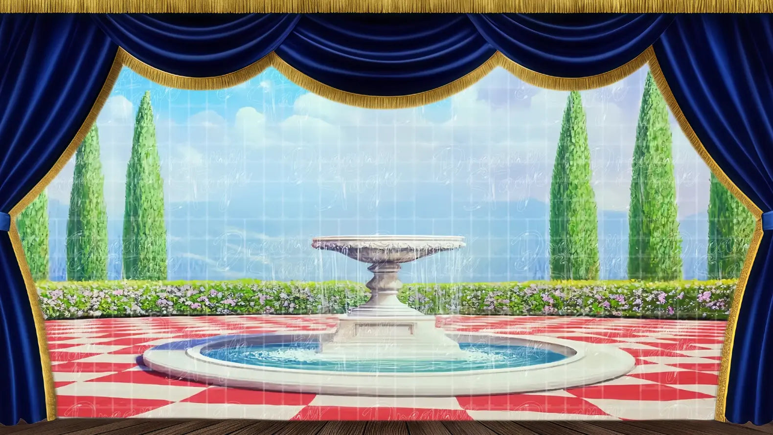 Royal checkerboard courtyard stage backdrop featuring a decorative fountain and manicured garden trees. Ideal theatrical backdrops for palace scenes, Queen of Hearts settings, and Wonderland school performances. Available in Microfiber, Outdoor Linen, and Theatre-Certified Fabric.