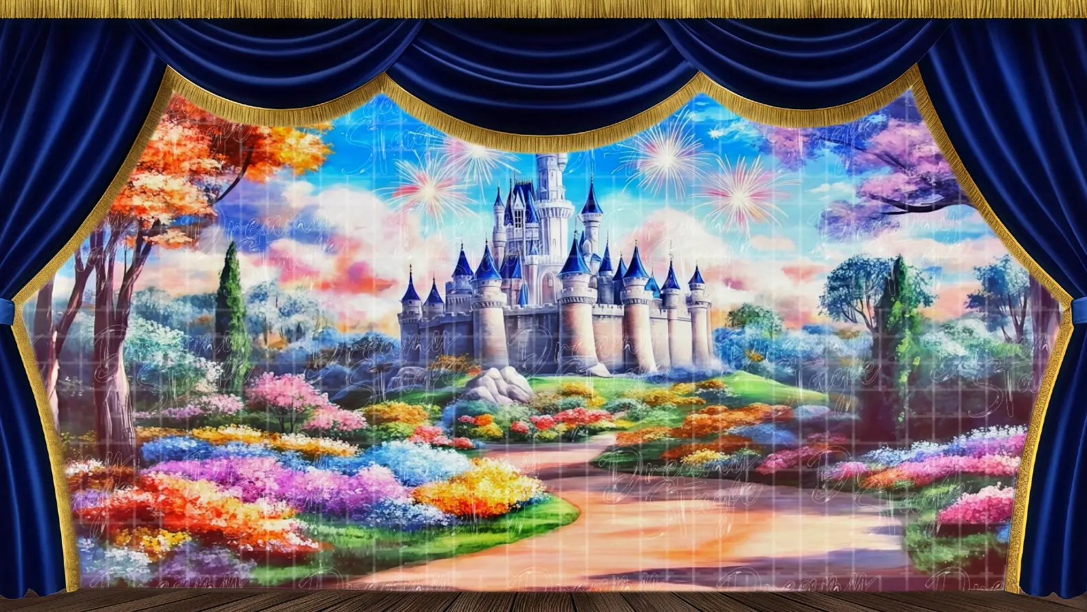 A vibrant spring scene with blooming cherry trees, a pastel-colored fairytale castle, and a golden path leading to celebration. Ideal for joyful endings or festival scenes.