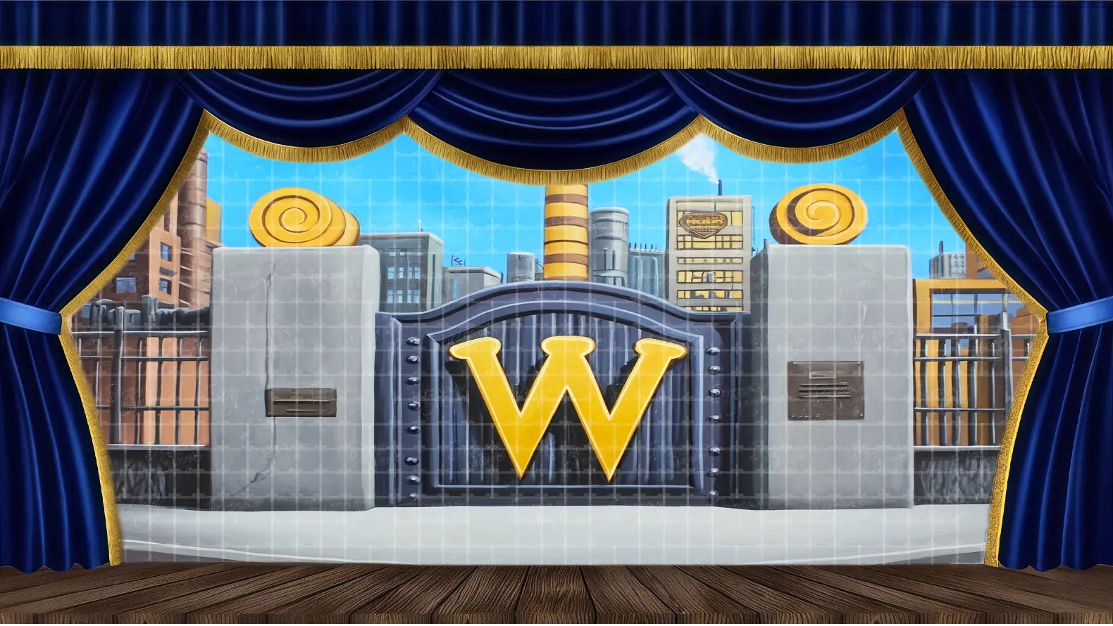 Grand factory gates stage backdrop with bold golden signage. Ideal theatrical scenery for Chocolate Factory musical productions and school play stage design.