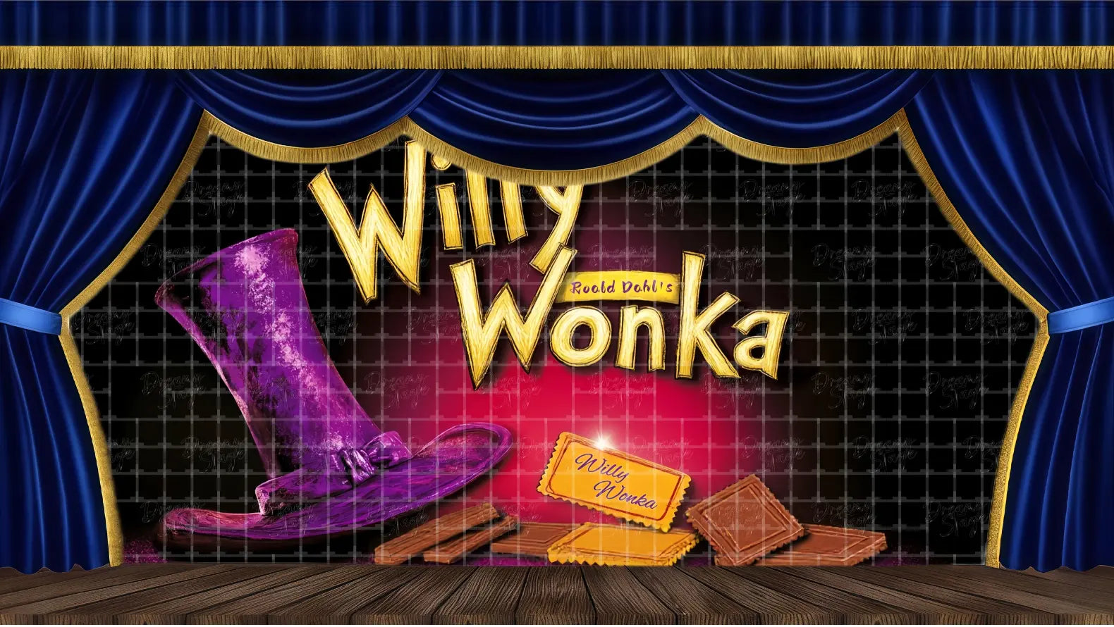 Candy Factory musical stage backdrop featuring whimsical chocolate bars, a magician-style top hat, and glowing title design. Ideal theatrical backdrops for school productions and community theatre musicals. Available in Microfiber, Outdoor Linen, and Theatre-Certified Fabric.
