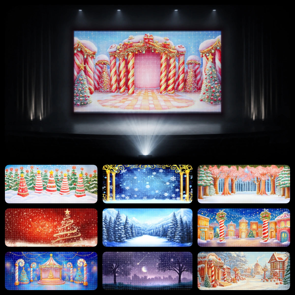Christmas candy palace dance recital backdrop bundle featuring candy cane stages, winter forests, holiday town scenery, and festive Candyland projection backgrounds.