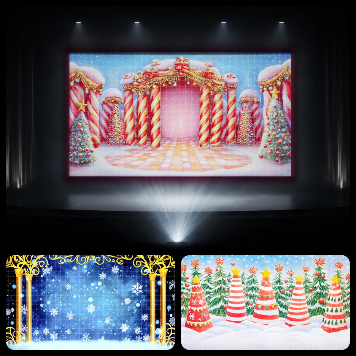 Christmas Candyland dance recital backdrop bundle featuring a candy cane palace, blue snowflake stage, and holiday tree scenery for winter dance showcases and children’s performances.