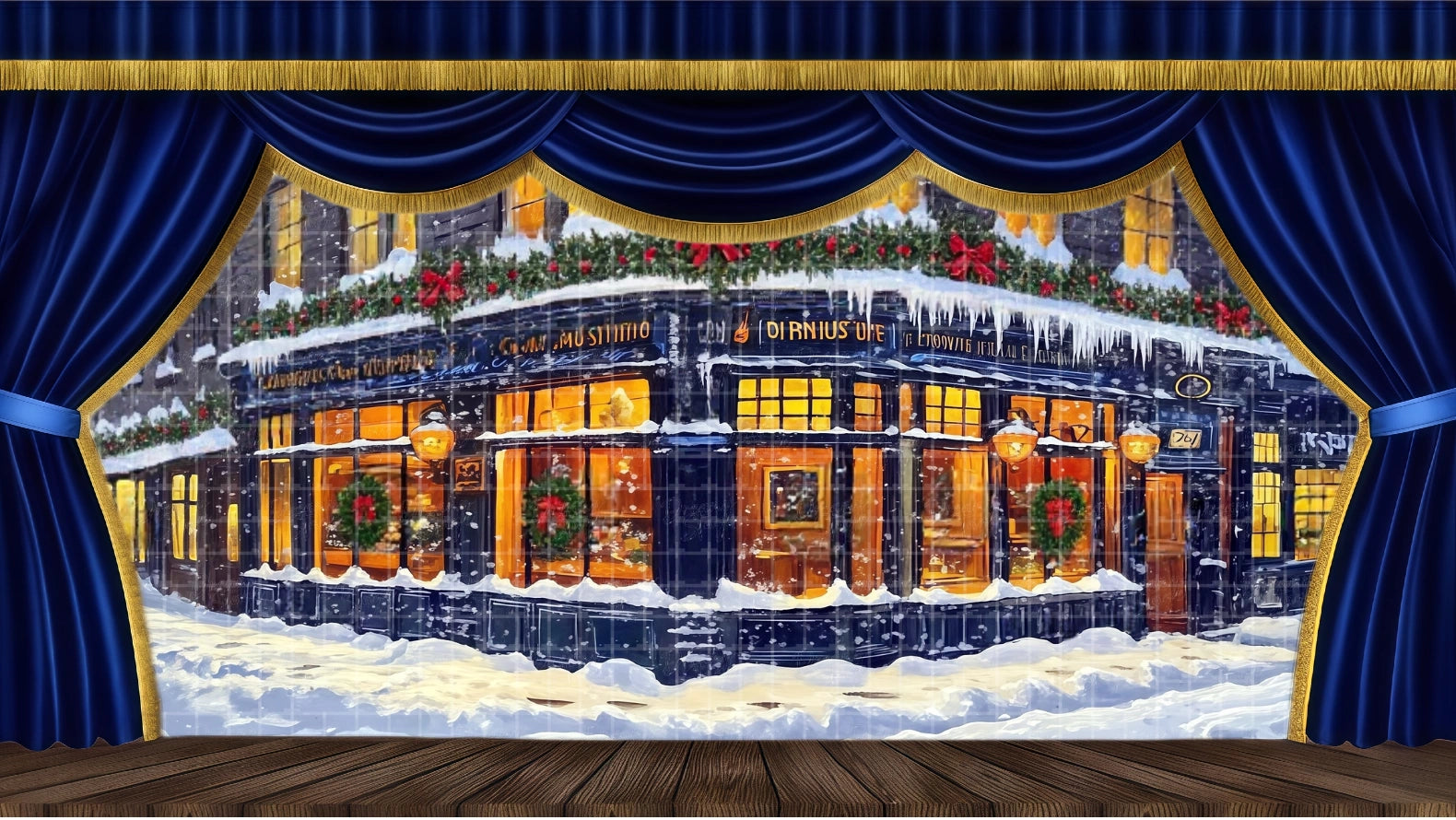 Digital Victorian Christmas Street Scene backdrop featuring a snowy corner building decorated with Holiday wreaths and warm lights. Ideal Theatrical Scenery for A Christmas Carol or Holiday Musicals.
