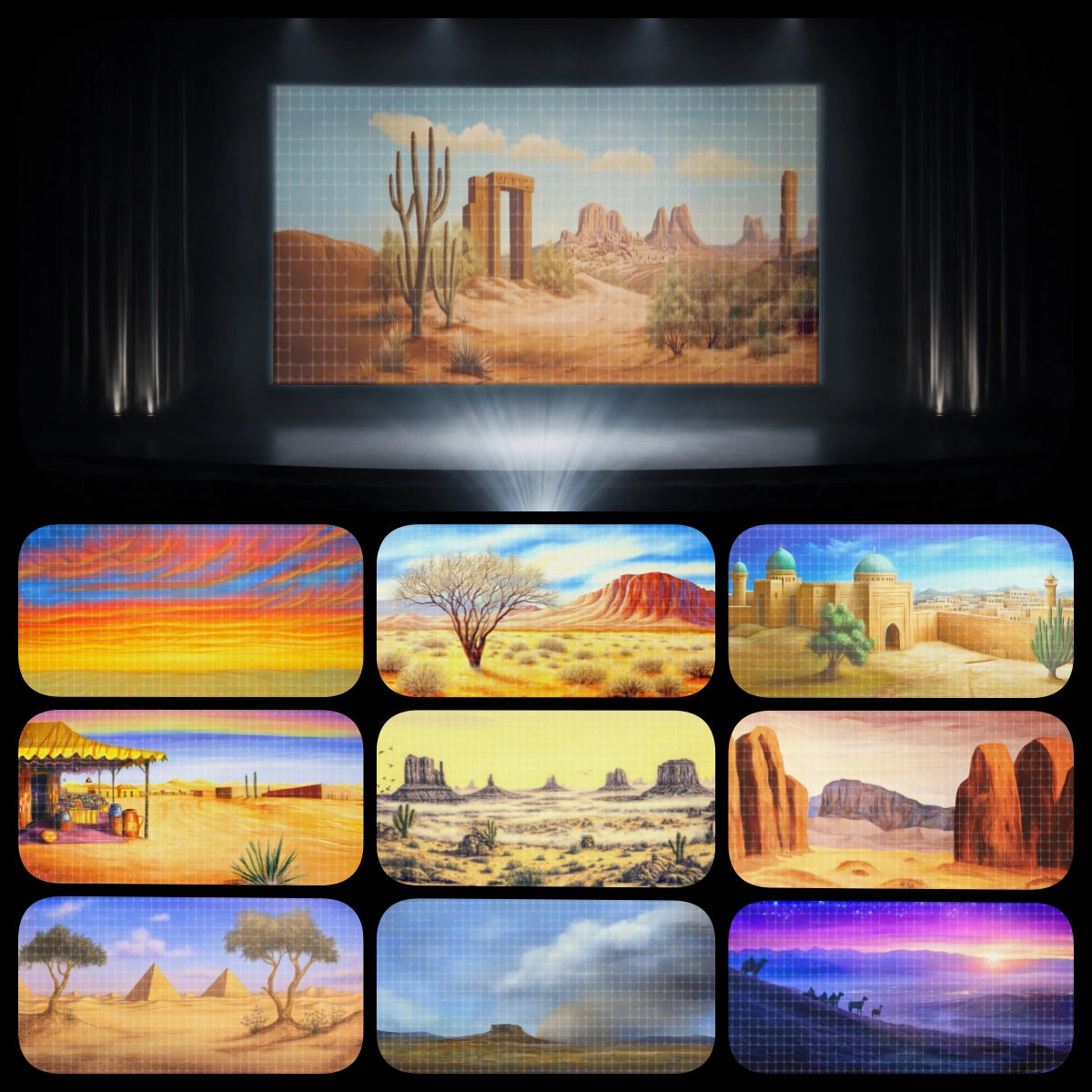 Church Drama complete digital backdrop bundle featuring biblical desert scenery, ancient city walls, Holy Land landscapes, desert market scenes, pyramid backgrounds, wilderness valleys, and canyon projection scenes for church plays, Bible camp, Sunday school, children’s ministry, Christmas Nativity, Easter drama, and Passion Play staging.
