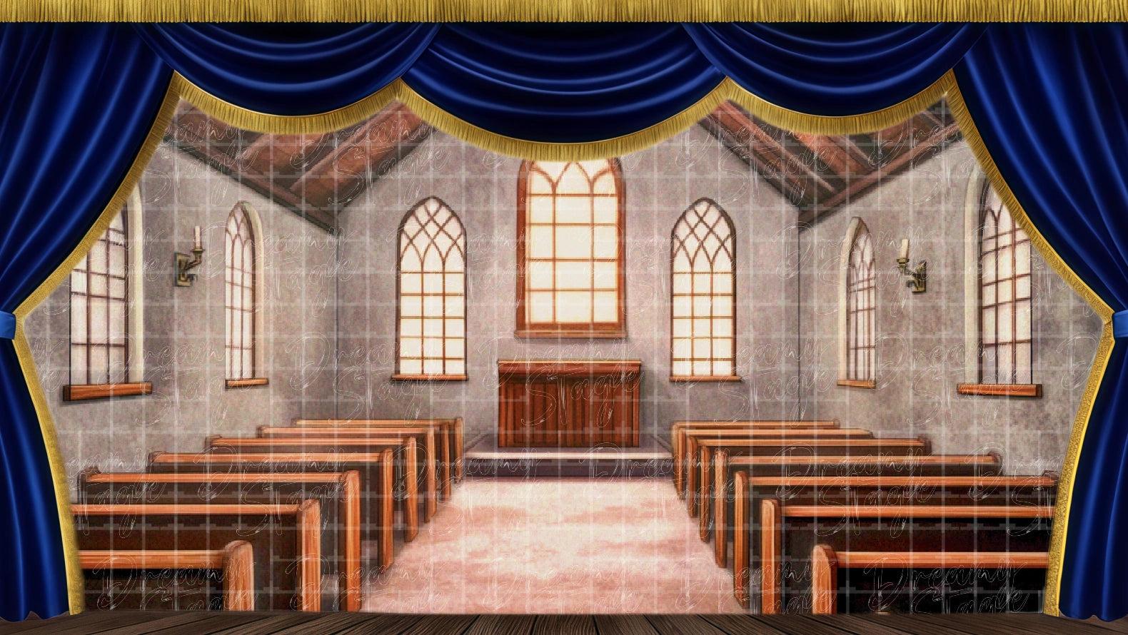Church interior backdrop with pew seating and aisle, ideal for Footloose and stage ceremonies. Digital stage backdrop for HD projection, virtual scenery, and theatrical use.