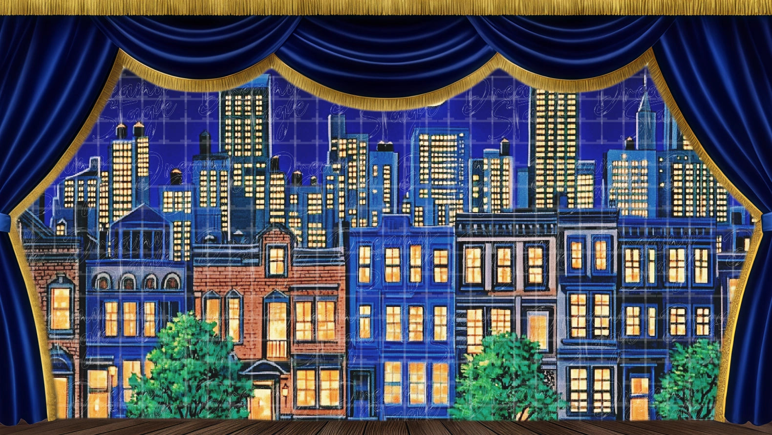City skyline backdrop with lights, ideal for Footloose night scenes. Digital stage backdrop for HD projection, virtual scenery, and theatrical use.