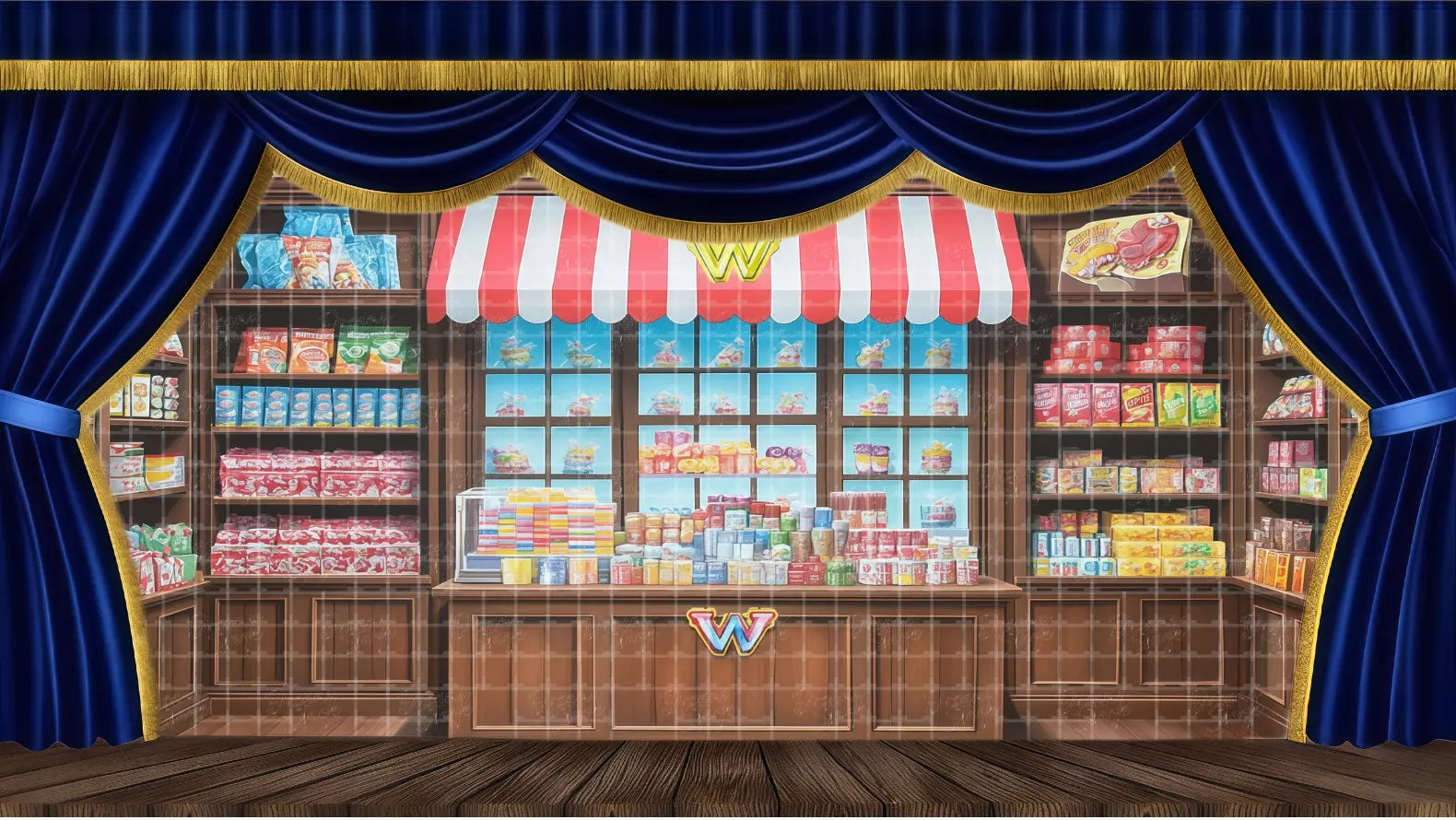 Vintage candy shop interior stage backdrop featuring shelves of sweets and striped awning. Perfect theatrical backdrop for Chocolate Factory musical productions and school plays.
