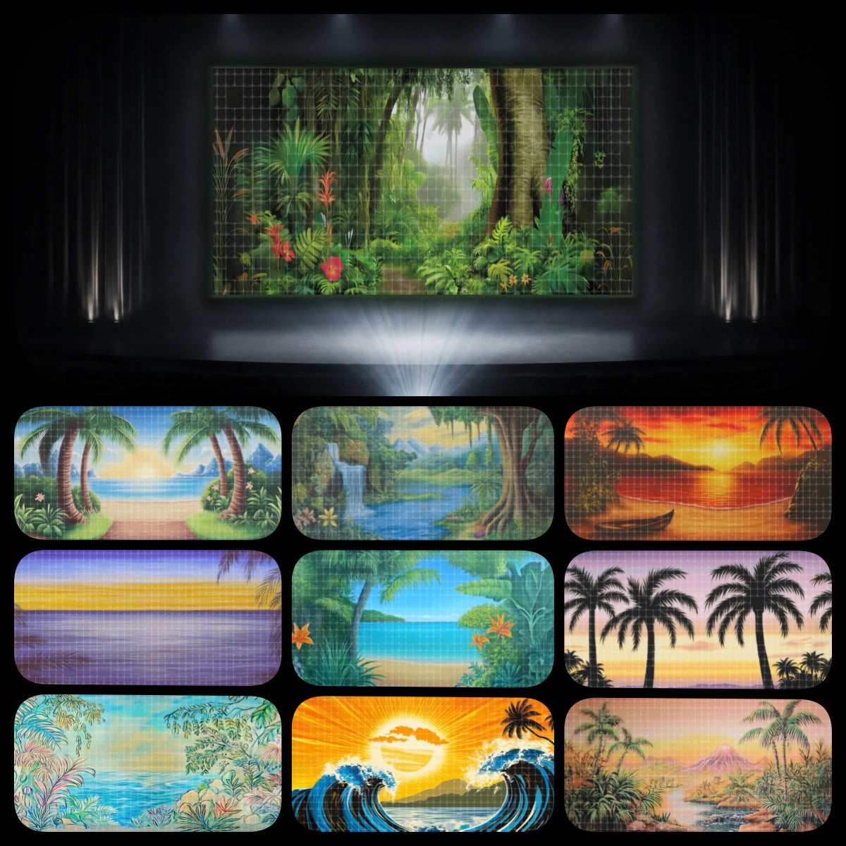 Coastal Adventure complete digital backdrop bundle featuring tropical island beach scenery, jungle waterfalls, palm tree coastlines, sunset ocean views, island paths, waves, and seaside adventure backgrounds for instant download stage projection, VBS island themes, school plays, church kids ministry, children’s theatre, summer camp events, and tropical dance recitals.