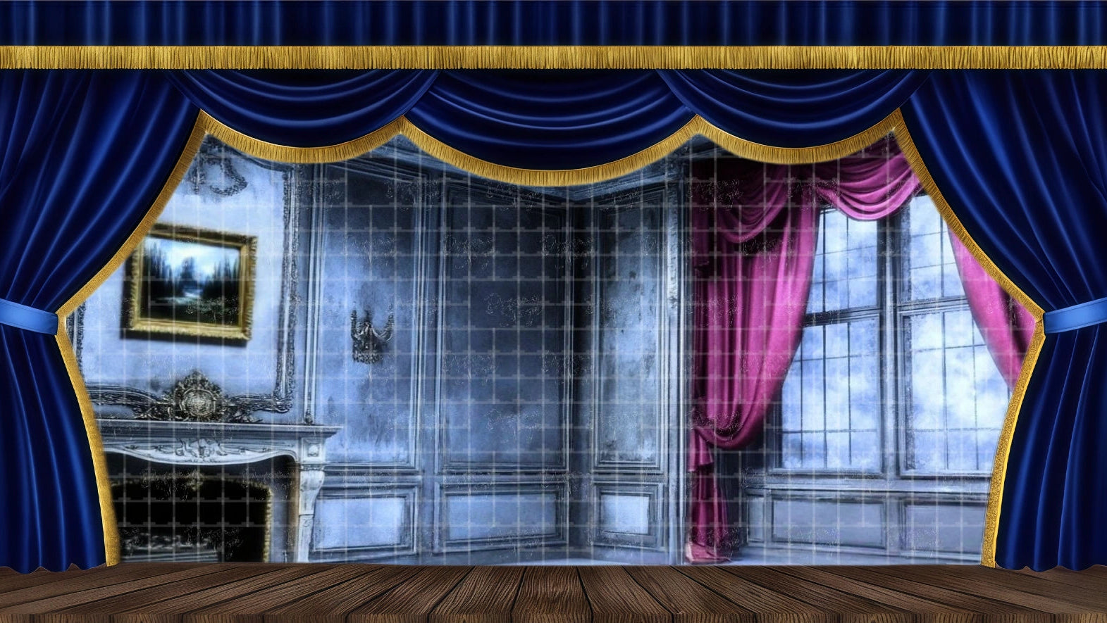Dark and cold blue-grey Victorian interior theatrical backdrop for A Christmas Carol. Features a fireplace and deep red curtains, ideal for the Ghost of Christmas Past/Present/Future scenes and Scrooge's lonely parlor stage setting