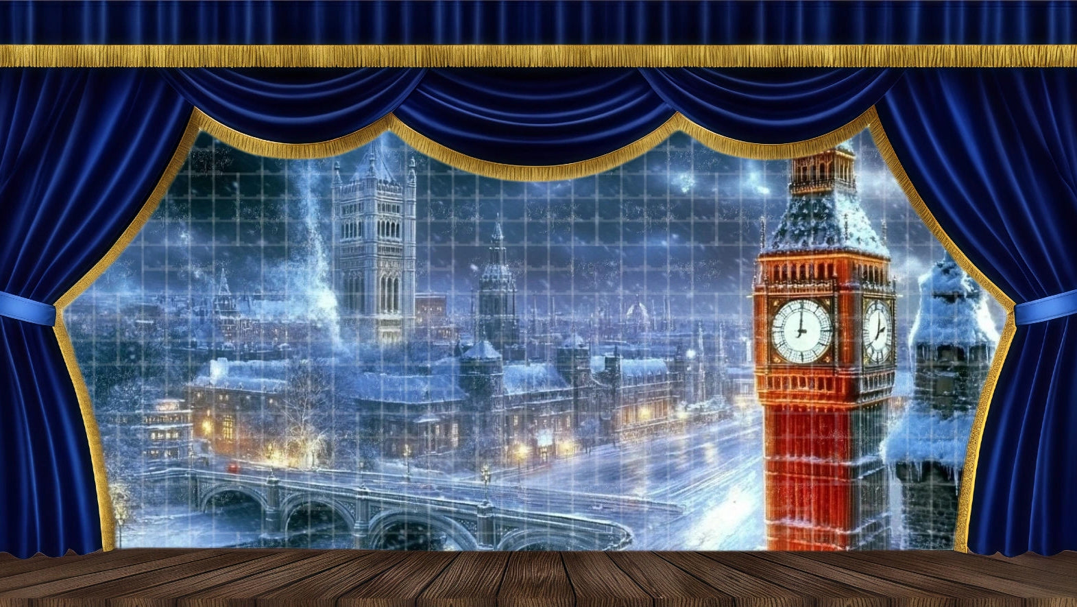 Dark and cold blue-grey Victorian interior theatrical backdrop for A Christmas Carol. Features a fireplace and deep red curtains, ideal for the Ghost of Christmas Past/Present/Future scenes and Scrooge's lonely parlor stage setting.